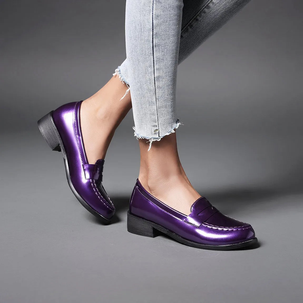 Low Heels Loafers Slip On Patent Leather Casual Daily Work Shoes Purple Black Yellow Plus Size 41 42 43