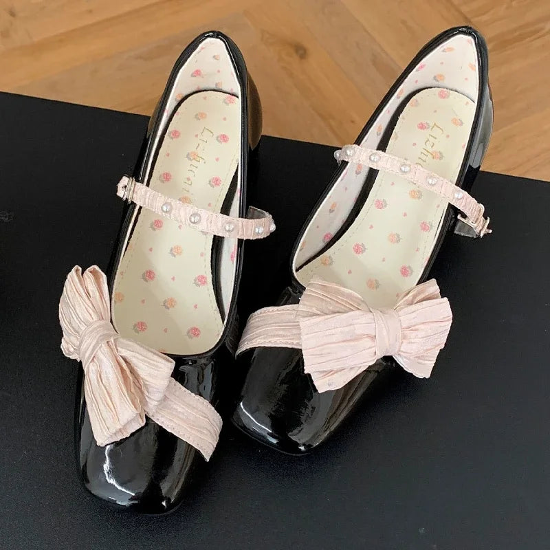 Butterfly-knot Sweet Mary Jane Shoes Elegant Chunky Shallow Pumps Buckle Square Toe High Heels Ladies