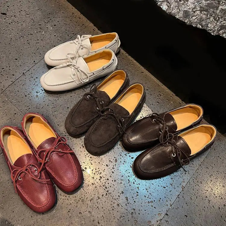 Leather Flats Shoes Loafers Round toe Vintage Suede Leather Casual British Style Flat Single Shoes