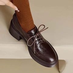 Womens Cowhide Lace Up Flat Shoes Oxford Round Toe Retro British High-Quality Soft Comfortable All Season Daily Shoes