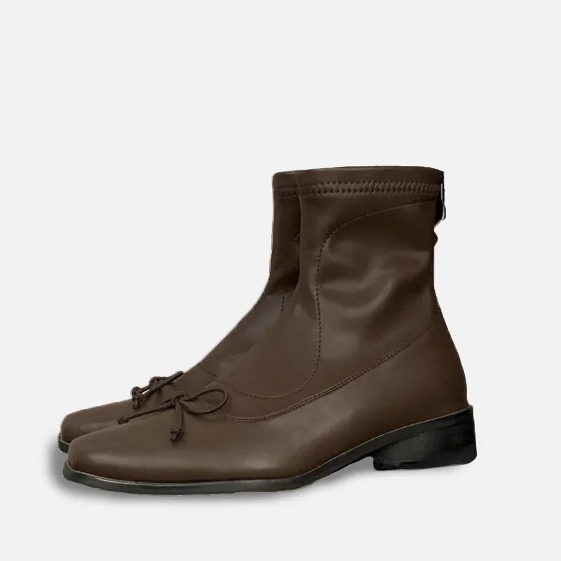 Brown Bow Back Zipper Ankle Boots Point Flat Head Square Heel Shoes Chic Sewing Thread Boot