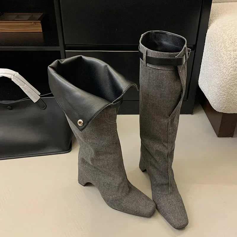 White Square Toe Belt Buckle Shaped Heel Knight Boots Woman Black Slip-On Thick Heel Knee-High Boots Shoes