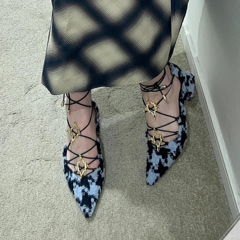 Cross Straps Sandals Pointed Toe Gold Star Detail Mixed Color Low Block Heels Ankle Lace Up Rubber
