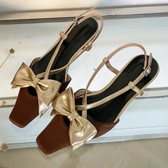 Sweet Butterfly-knot Low Heel Mules Shallow Elegant Comfy Cross-tied Square Toe Slingback Sandals