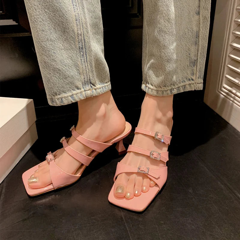 Design Slippers Buckles High Heels Sandals Party Office Genuine Leather Pumps Shoes Woman
