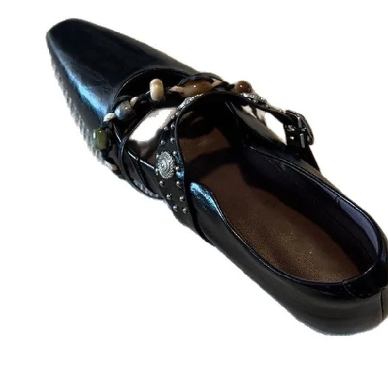 Genuine Leather Flat Shoes Square Toe Mary Jane Style Shoes Bead Decoration Comfortable Loafers Shoes