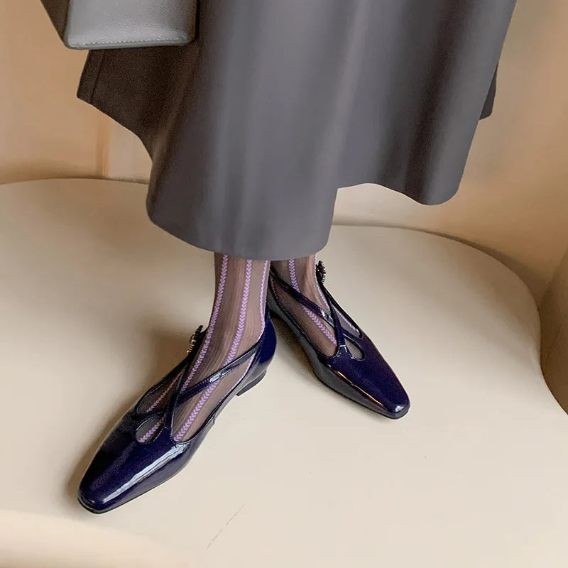 Retro Round Toe Cross Water Diamond With Casual Coarse Heel Mary Jane Shoes French Single Shoes