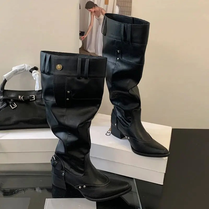Black Boot Knee High Long Shoes Woman Pointed Toe Chunky Heels White Boots Belt Buckle Rivet Wide-Leg Shoe