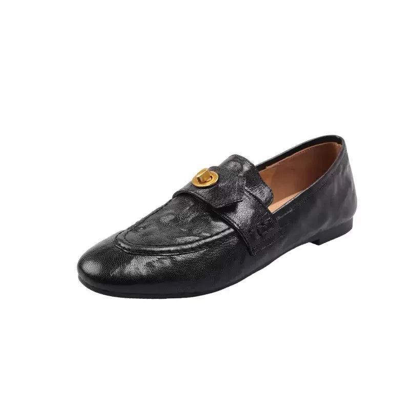 Genuine Calfskin Slip On Round Toe Square Heel Shallow Casual Outdoor Shoes