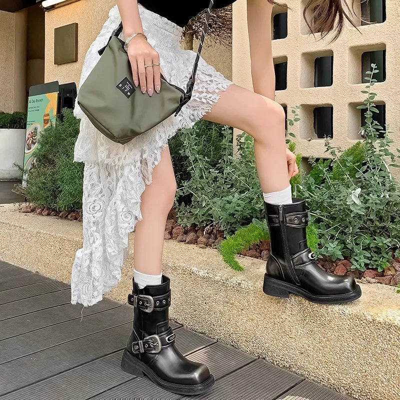 Metal Belt Buckle Motorcycle Boots Rivet Patent Leather Platform Wedge High heels Chunky Boots Shoes