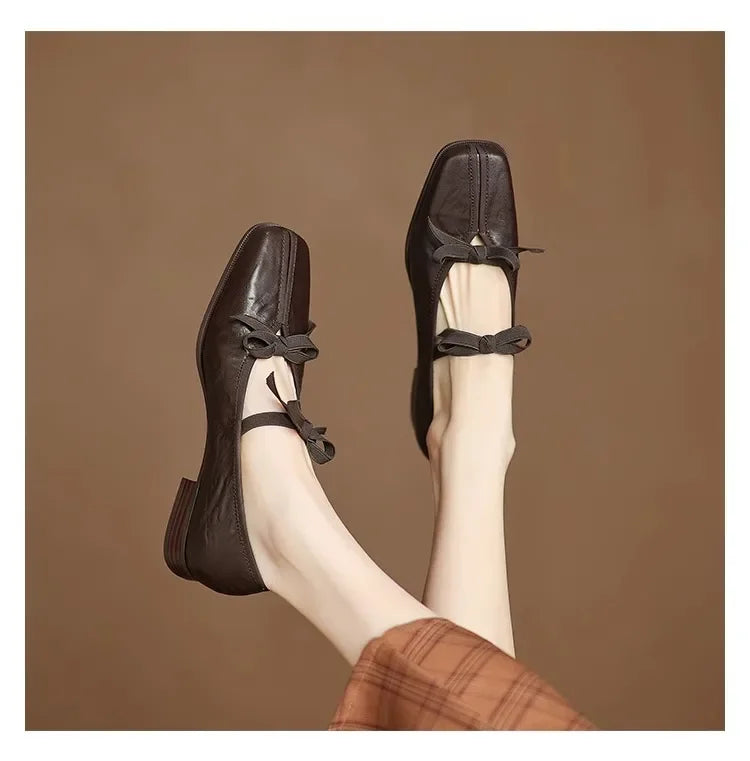 Mary Jane Shoes Ballet Bow Square Toe Mid Heels Nude Shoes Casual Elegant Shallow Pumps