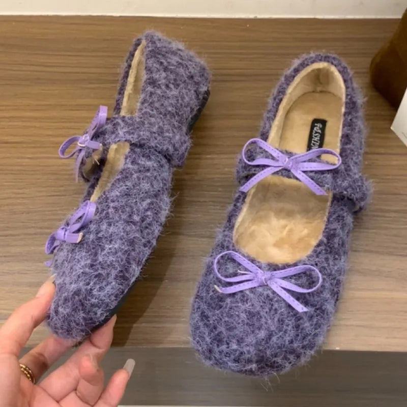 Elegant Purple Fluffy Warm Ballet Flats Fall Bow Design Flat Loafers Comfortable Soft Sole Mary Jane Shoes