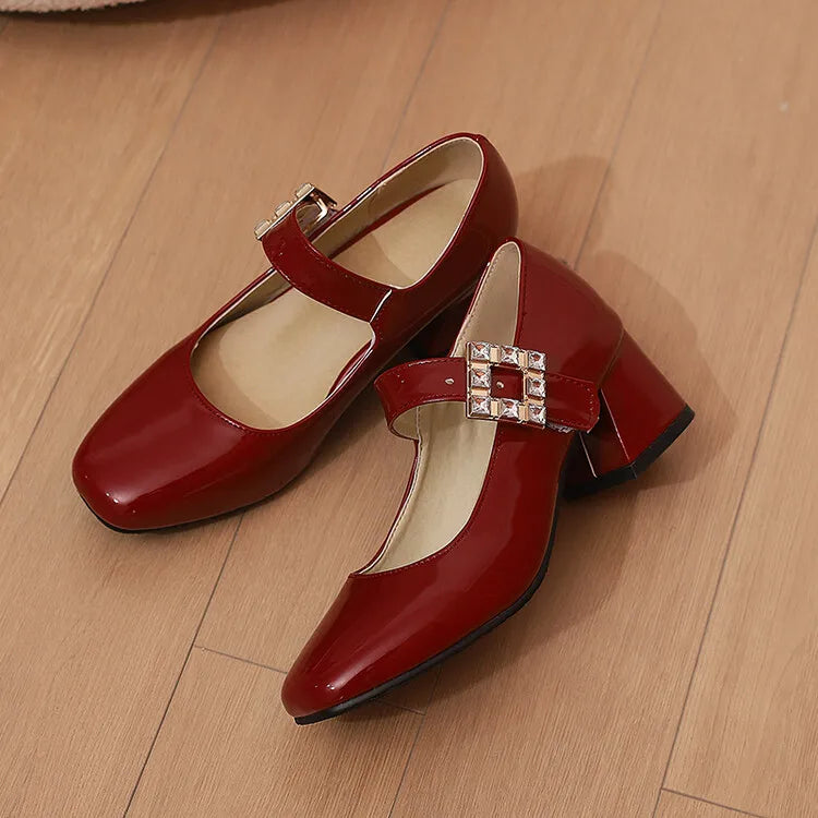 Plus Size 48 Patent Leather Mary Jane Shoes Sparkly Crystal Rhinestone Burgundy White Block Heel Pumps Party Shoe