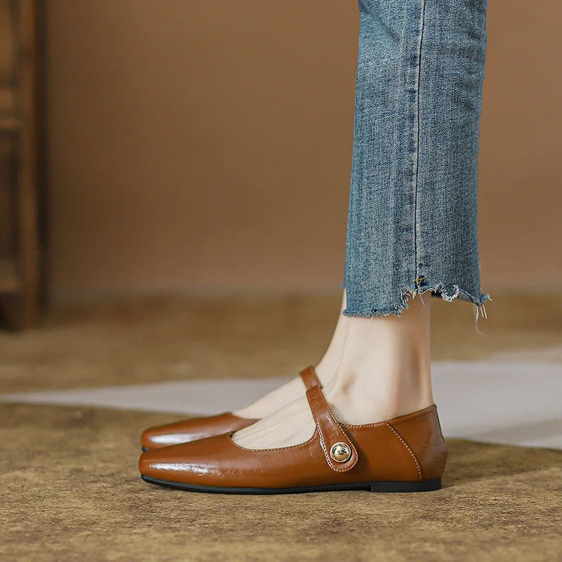 Square Toe Brown leather mary janes shoes woman retro ankle strap flats shallow mouth moccasins comfy ballerina shoes