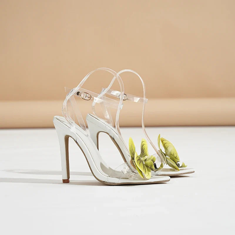 Orchid Flowers Slingback PVC Sandals Sweet Glossy Decals Pink Clear High Heels Girlyest Open Toe Party Shoes