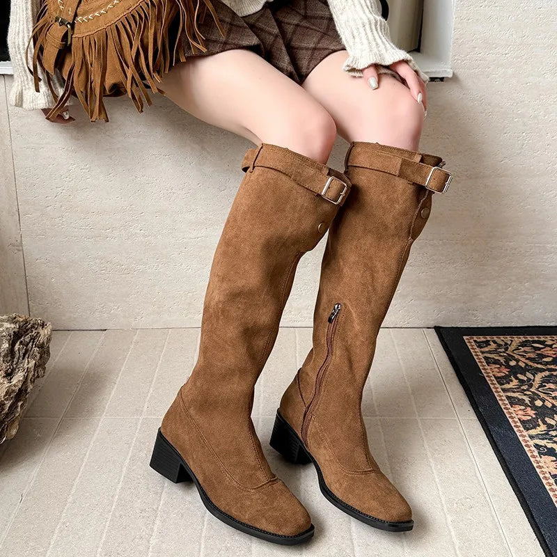 Thick Heels Woman Knight High Boots Square Toe Party Vintage Western Long Booties