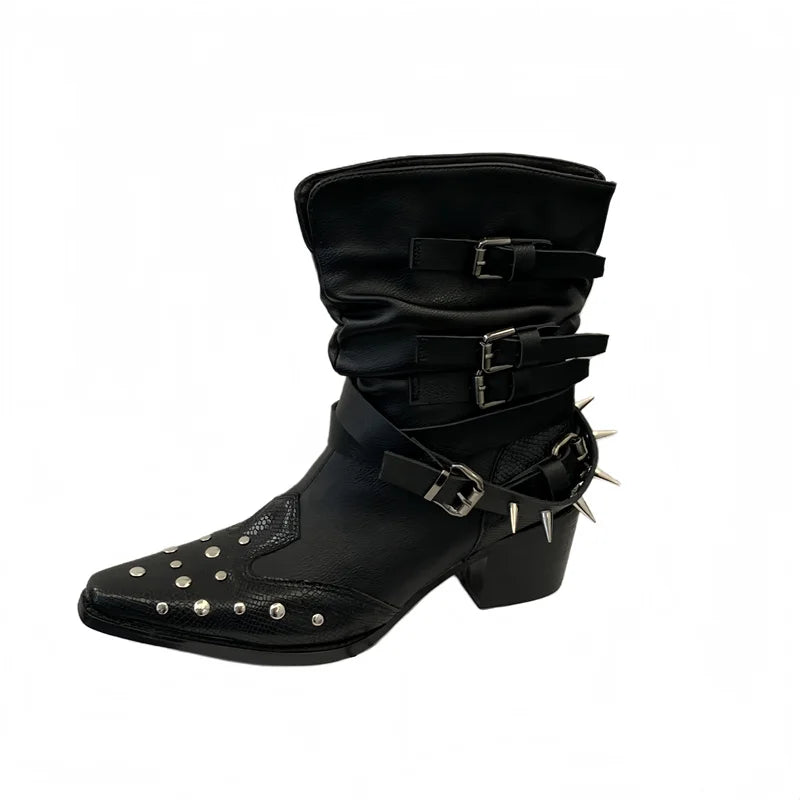 Black Gothic Shoes Platform Rivet Belt Buckle Chunky Heels Ankle Boots Punk Woman Cowboy Western Boots Arrival