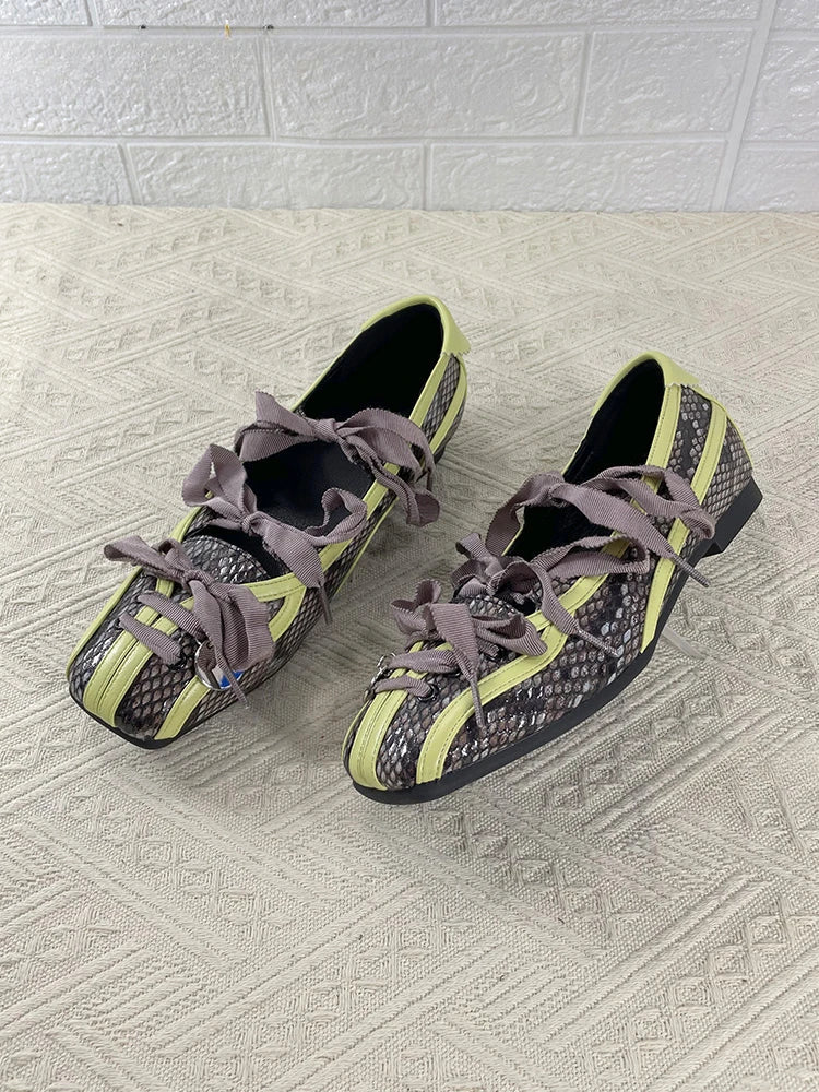 Lolita Square Toe Purple Flat Ballet Shoes Straps Bow Color Matching Mary Jane Shoes