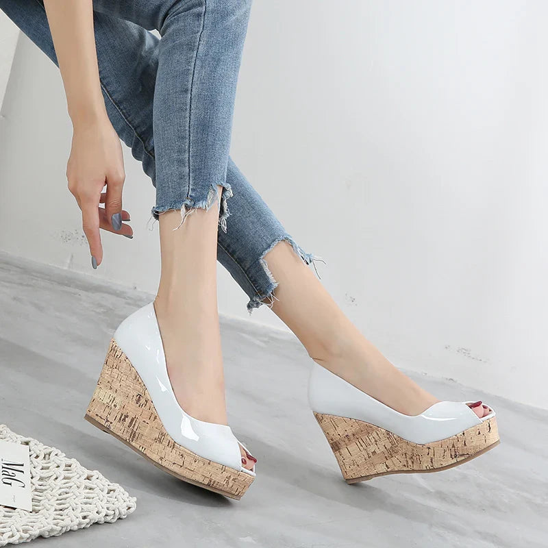 31-43 Wedge Open Toe Shoes High Heel Platform Shoes Patent Leather
