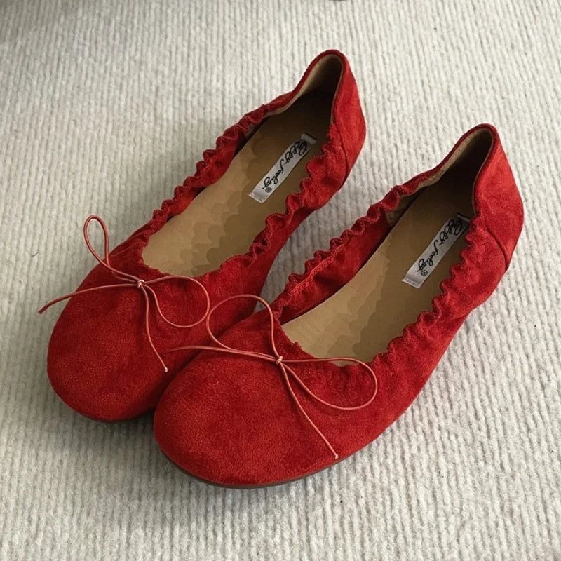 Suede Retro Bowknot Round Toe Flat Shoes Soft Sole Comfort