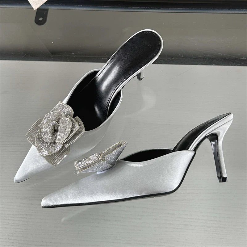 CRYSTAL Flower Silk Pointed Toe Slippers Thin Heels Party Dress Mule Shoes