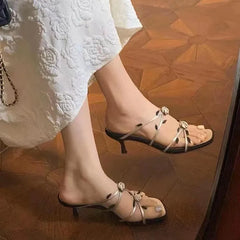 Flower Heavy Industry Beautiful Slippers Open Square Toe Premium Sandals French Style Low Stiletto High Heels Shoes