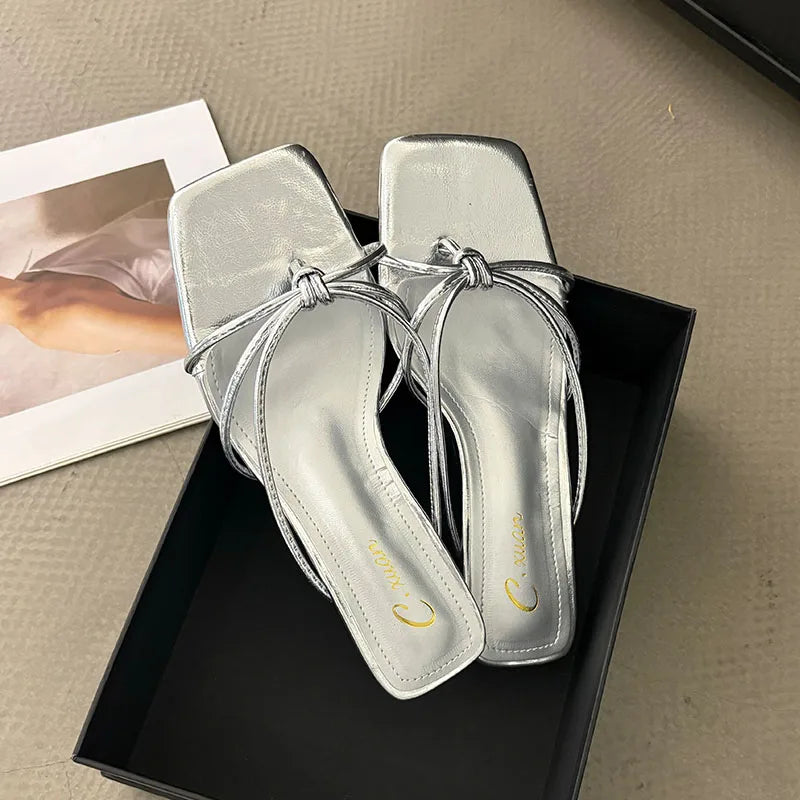Shallow Thin Heel Slippers Slides Square Toe Medium Heel Sandals Shoes Flip flops Pumps