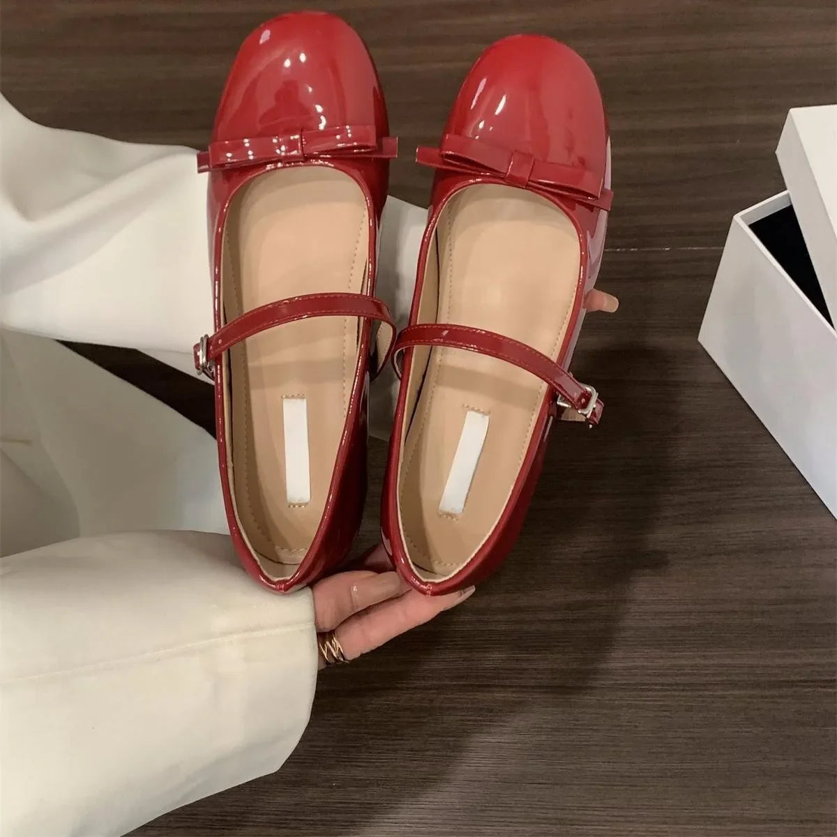 bouble bowtie flats japanned leather ballerina shoes height increasing bowknot ankle strap loafers slip on wedges