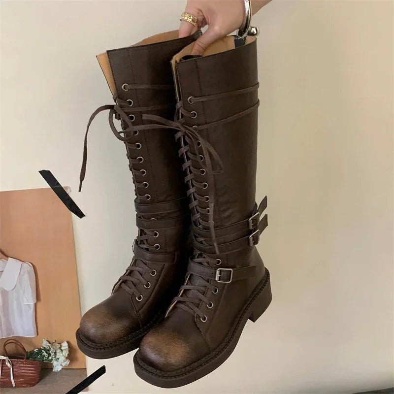 Punk Style Cross-Strap Low Heels Knee-High Boots Belt Buckle Round Toe Zipper Shoes