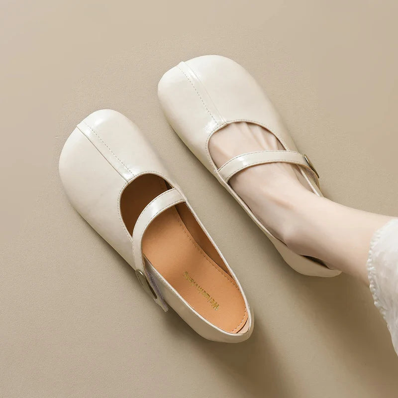 Retro Belt Strap Mary Janes Woman Lolita Flats Shoes Square Toe Cozy Slip On Loafers Solid Pu Leather Mocasines De Mujer