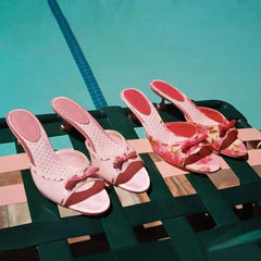Peep Toe Bow Pink Mules Sweet Round Toe Low Heels Slip-On Flower Heart Printed Slippers Casual Rubber Shoes