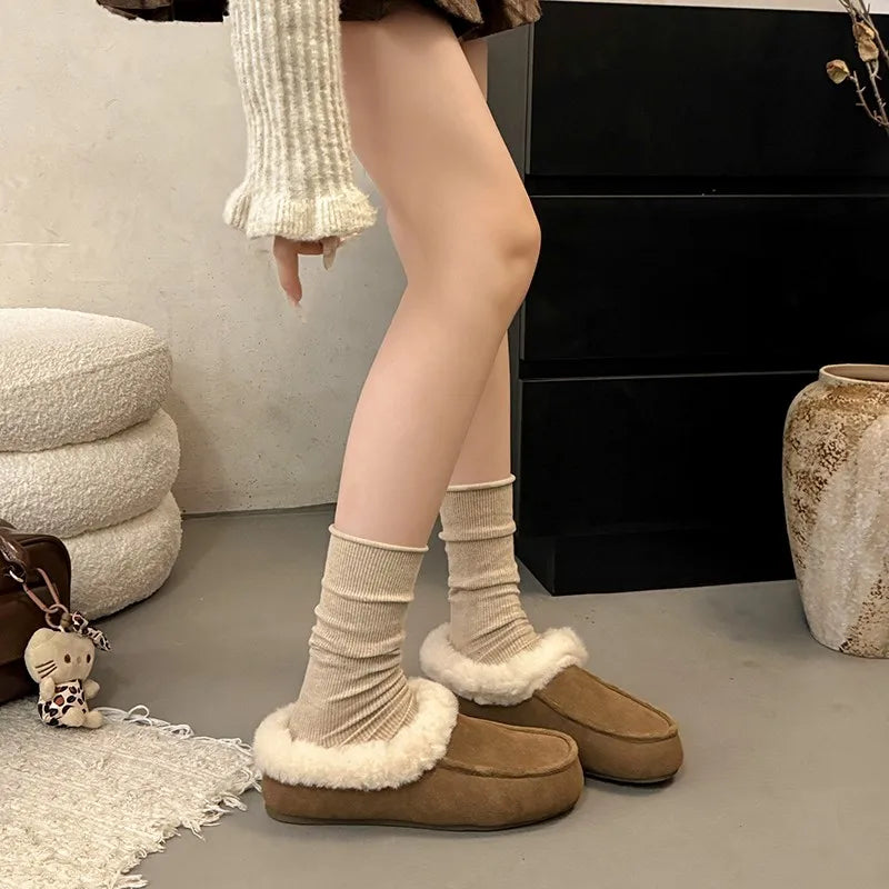 Vintage Fleece Lined Flats Shoes Concise Shallow Slip On Shoes Elegant Keep Warm Snow Shoes