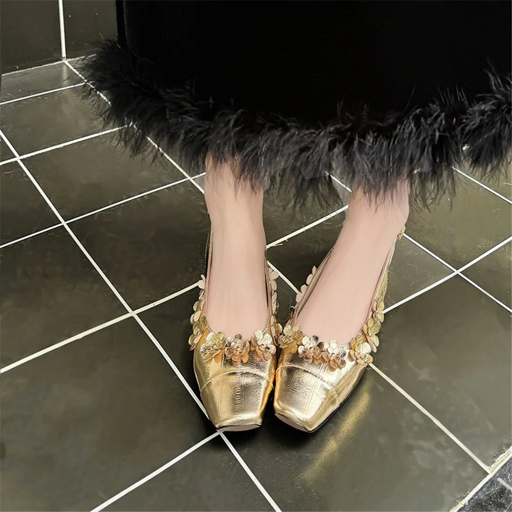 Genuine Leather Pumps FLowers Decoration Party Wedding Shoes Woman Slingbacks Pumps