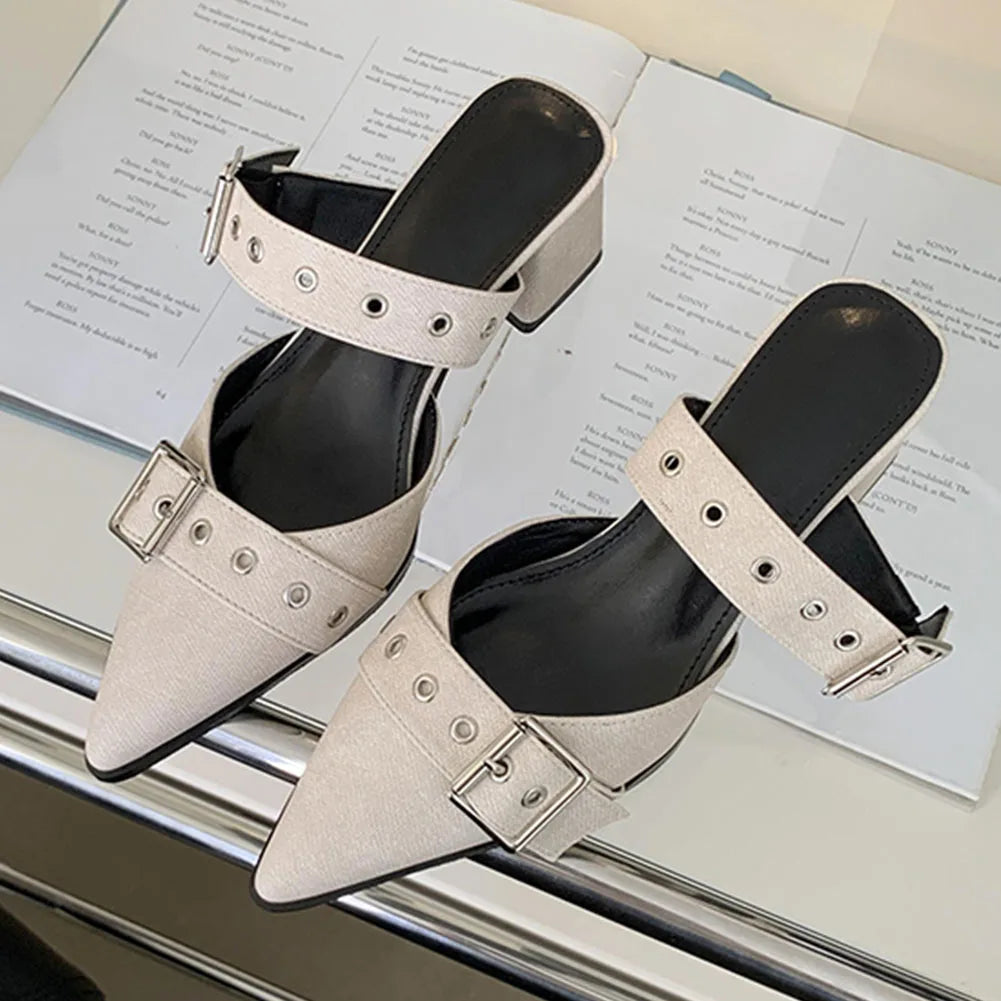 Pumps Belt Buckle Pointed Toe Black High Heel Mule Slides Half Slipper