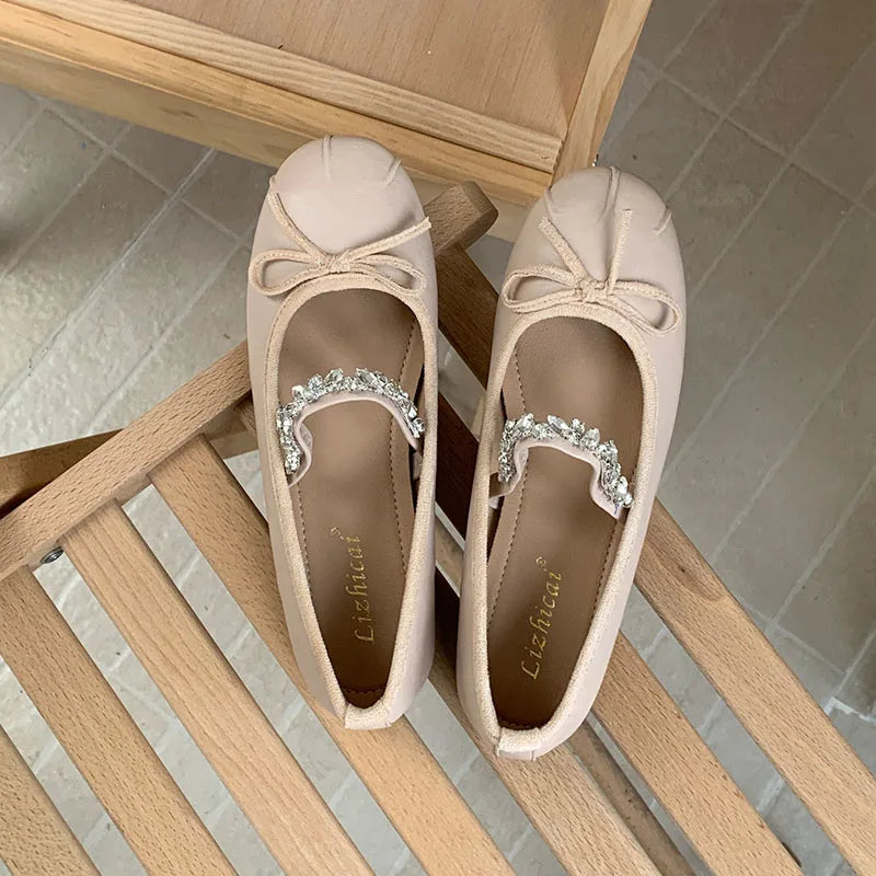 Pink Rhinestones Mary Janes Flats Lolita Shoes Soft Round Toe Footwear Shallow Ballet Flats Shoes