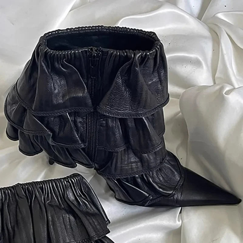 Black Cake Layered Lace Stiletto Ankle Boots Woman Side Zipper Pointed Toe Boots Wedding Shoes