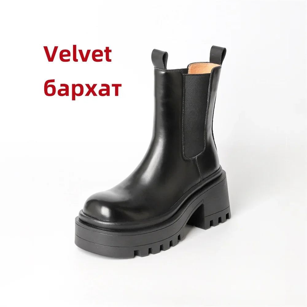 Platforms Ankle Boots Genuine Leather Thick Sole Ankle Punk Motorcycle Shoes Combat Booties