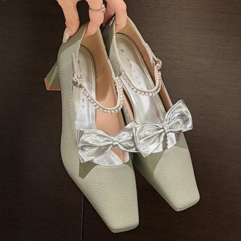 Elegant Bow Decoration Chunky Heel Pumps Rhinestone Ankle Strap Square Toe High Heels Wedding Bride Shoes