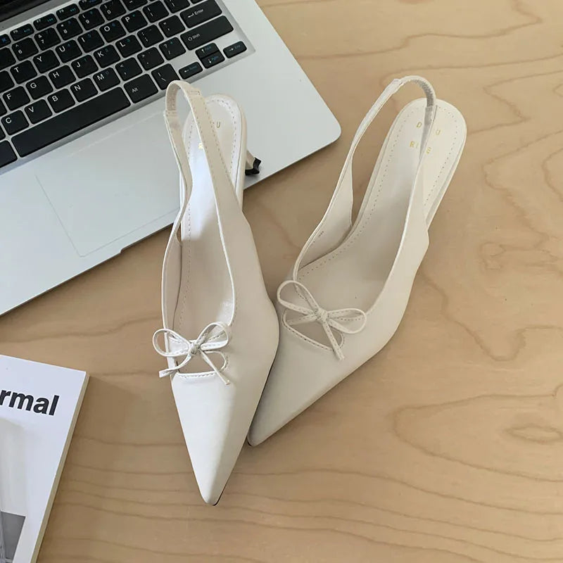 Butterfly-Knot Medium Heels Pumps Shoes Slip Pointed Toe Thin Heels Sandals Shoes