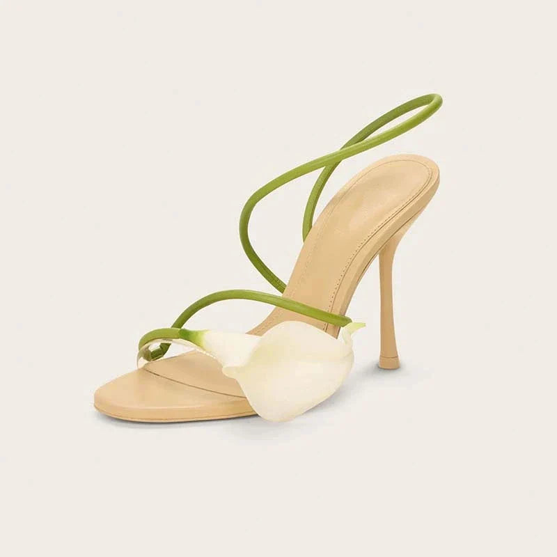 Three-Dimensional Flower Open Toe Stiletto One-Strap Sandals Woman White Slip-On High Heels Shoes