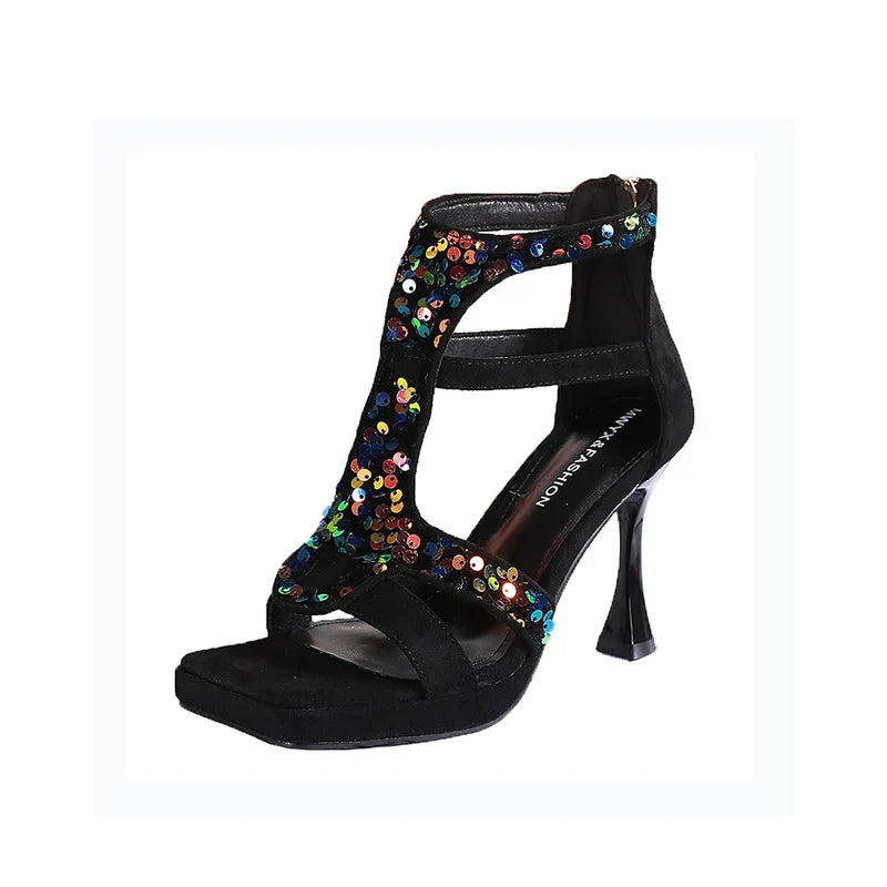 Bling High Heels Dance Shoes Square Toe Open Toe Shoes Brand Party Dress Stiletto Shoes