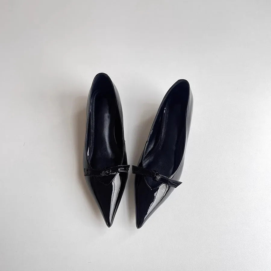 Lamb Skin Mary Janes Pointed Toe Low Heel Slip-On Shoes French Elegance Butterfly Knot