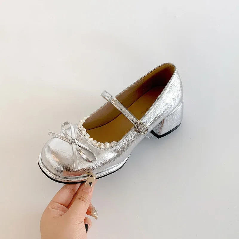 Thick Heel Mary Jane Shoes Concise Butterfly-knot Single Shoes Elegant Dress Leather Pumps