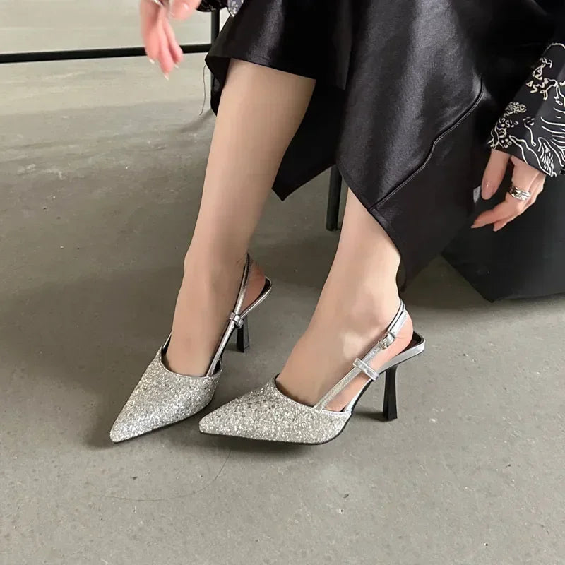 Bling Design Mules Sandals Pointed Toe Thin High Heels Back Strap Banquet Pums