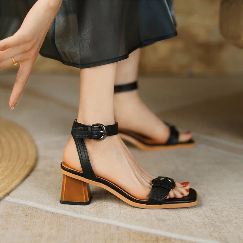 Shoes Square Toe Chunky Heel Cow Leather High Heels Solid Band Shoes Casual Black Shoes