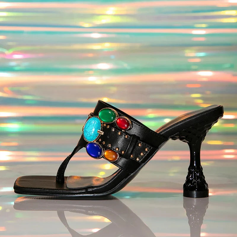Design Colour Gem Buckle Slippers Gladiator Sandal Mules Slides Shoes Low Heels Flip Flops Size 36-42