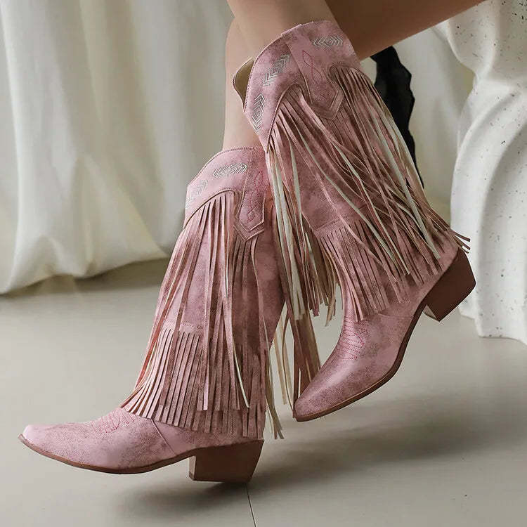 Fringe Western Boots Pink Sweet Embroidered Boots Brown Tassels Block Medium Heels Shoes Plus Size 48 Lady