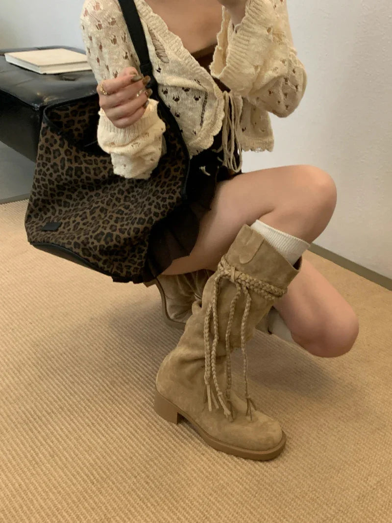 Brown Suede Boots Woman Round Toe Fall Gothic Shoes Chunky Heels Knee High Boots Western Style Shoes