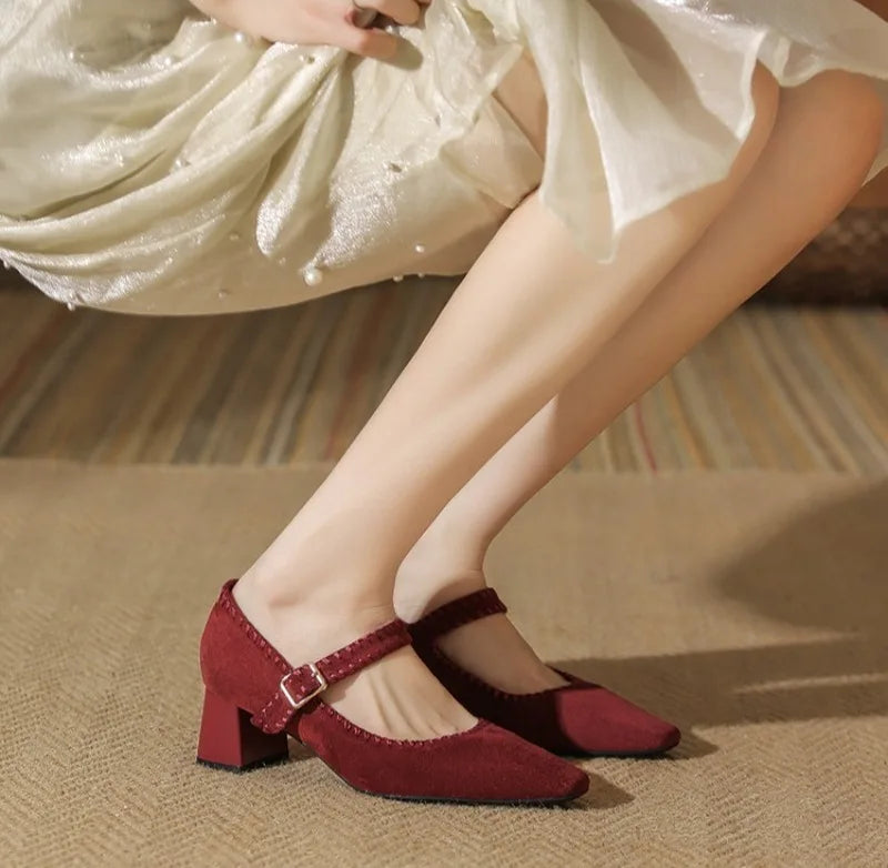 High Heeled One-word Buckle with Light Mouth Pumpss Thick Heel Small Square Head Mary Jane Shoes