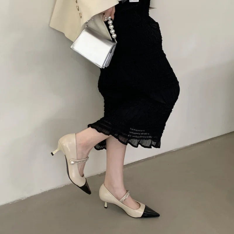 Pointed Toe Thin High Heel Shoes Design Buckle Metal Decoration Elegant Banquet Mary Jane Shoes